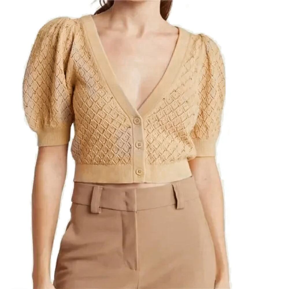 ALICE + OLIVIA Romi Tan Embellished Pointelle Puff Sleeve Crop Cardigan Sweater